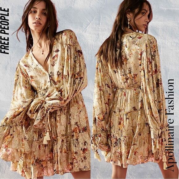 FREE PEOPLE BY ROCOCO SANDS METALLIC FLORAL PRINT MINI DRESS NWT - Picture 1 of 12